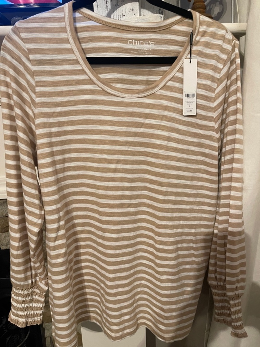 Chico's Beige and White Striped Slub Knit Long-Sleeve Tee SZ 2- NWT
